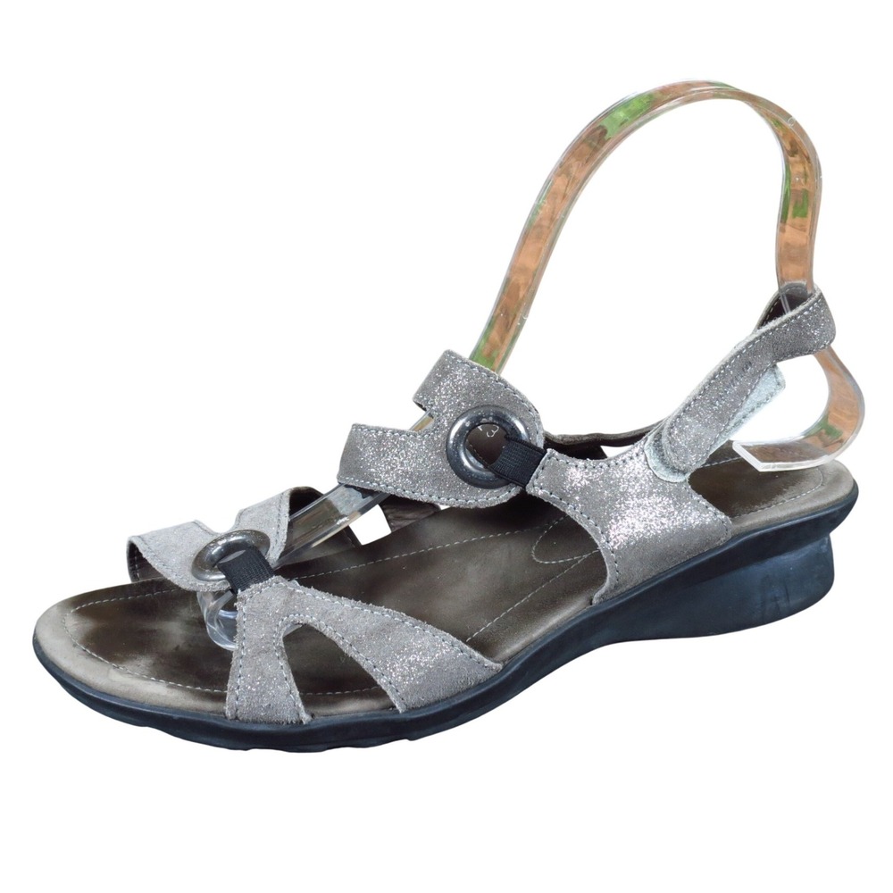 Mephisto Women Sandal Size‎ 38 Comfort Walking Gray Suede Metallic Strappy Wedge